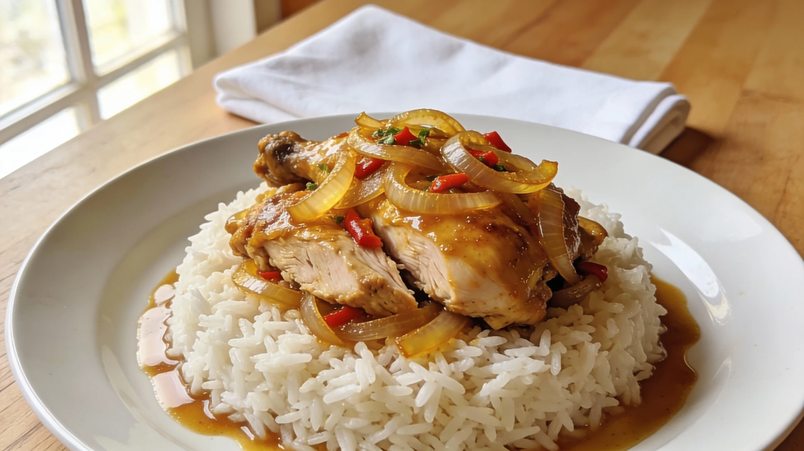 Smothered chicken thighs in rich onion gravy served over rice