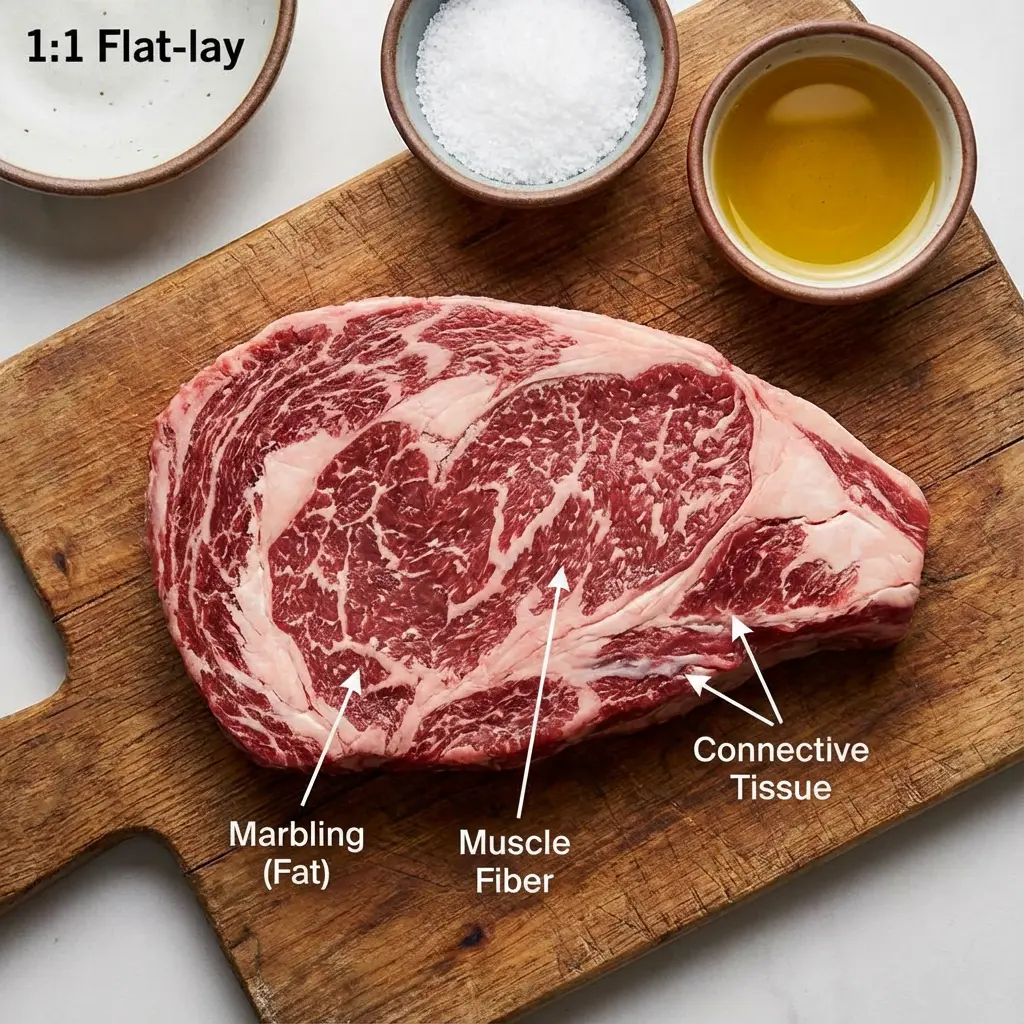 Close-up raw beef chuck steak on butcher paper with visible marbling