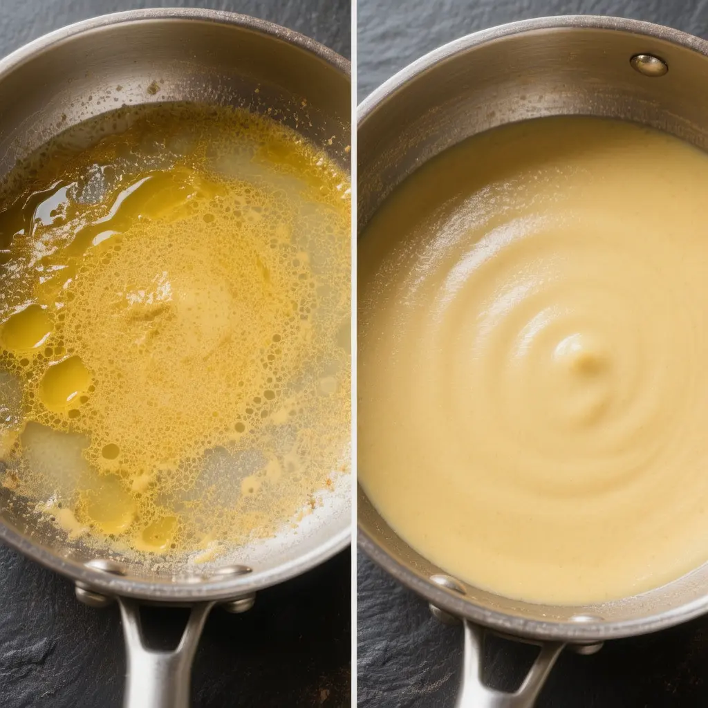 "Chicken pasta carbonara emulsification process: perfect creamy sauce
forming from eggs, cheese, and pasta water combined with constant whisking"
