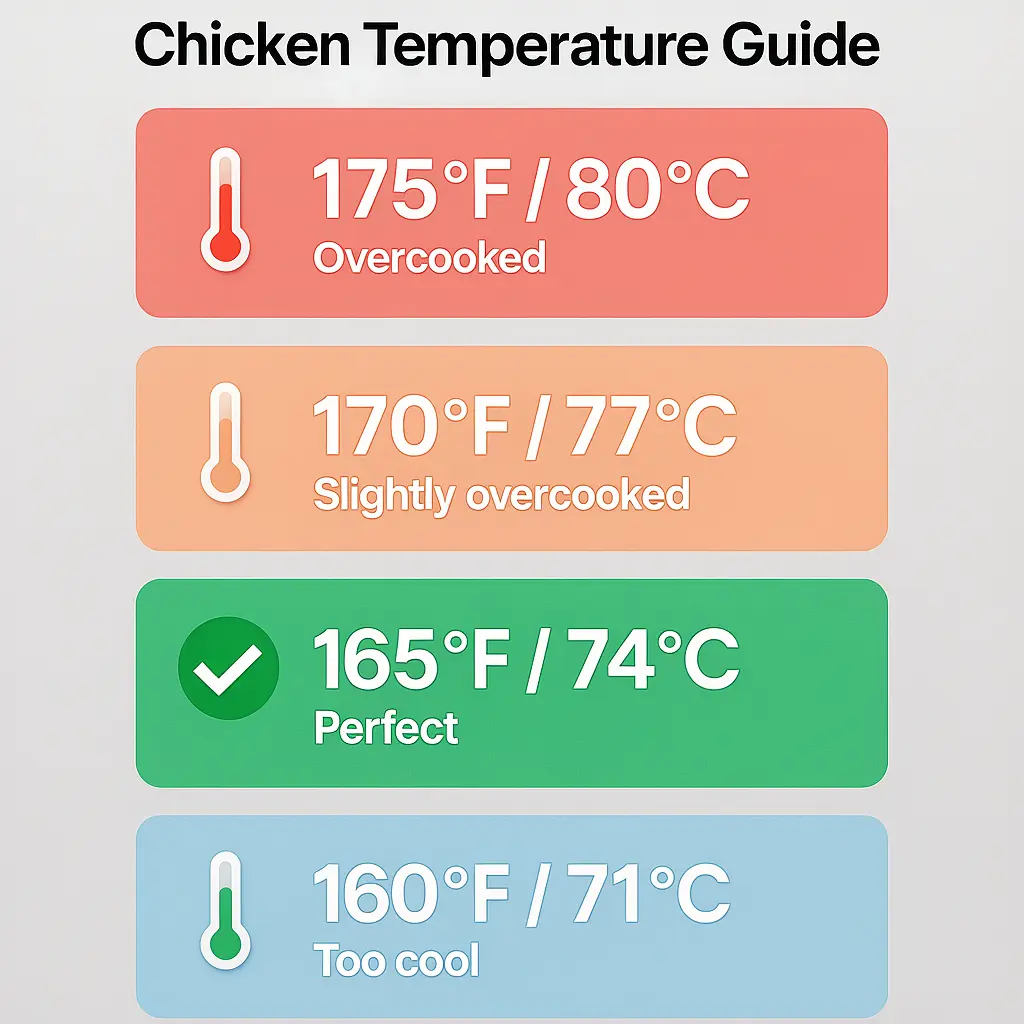 "Digital meat thermometer showing 165°F (74°C) - the safe internal
temperature for perfectly cooked chicken in chicken pasta carbonara"
