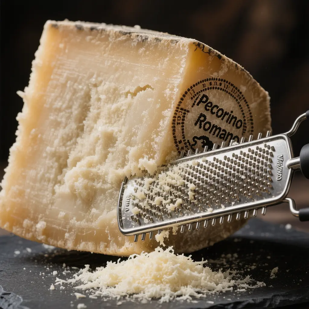 "D.O.P. certified Pecorino Romano cheese block with microplane grater
and fresh grated cheese for authentic chicken pasta carbonara"
