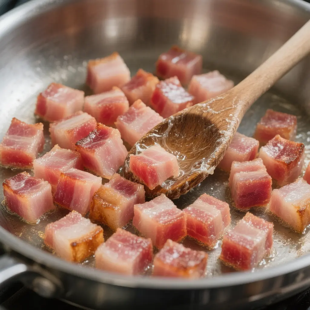 "Rendering pancetta for chicken pasta carbonara: cubed Italian pancetta
cooking in a skillet releasing fat with crispy edges forming"
