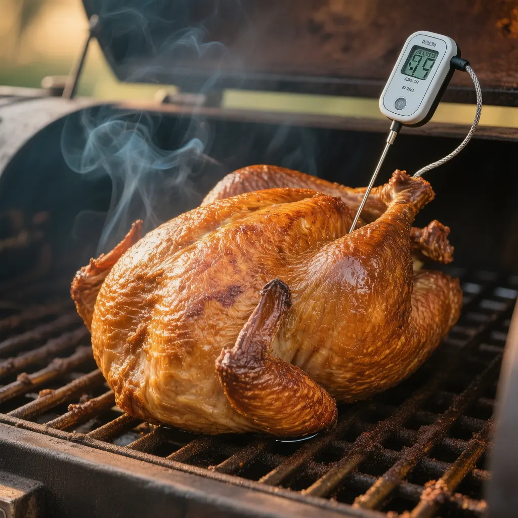 Smoked turkey breast in smoker with perfect bark forming