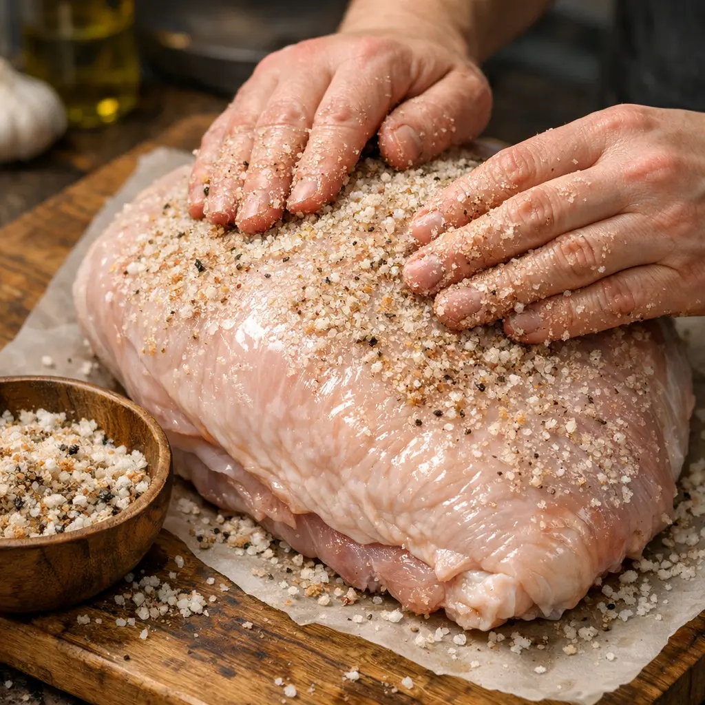 Smoked turkey breast in smoker with perfect bark forming
