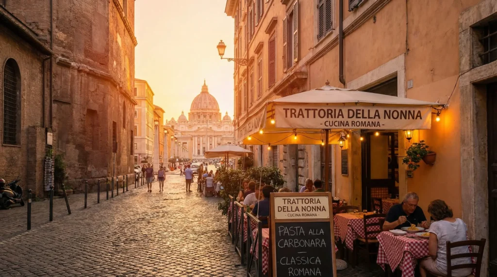"Historic Roman trattoria representing the origins of traditional
carbonara recipe from post-World War II Italy"
