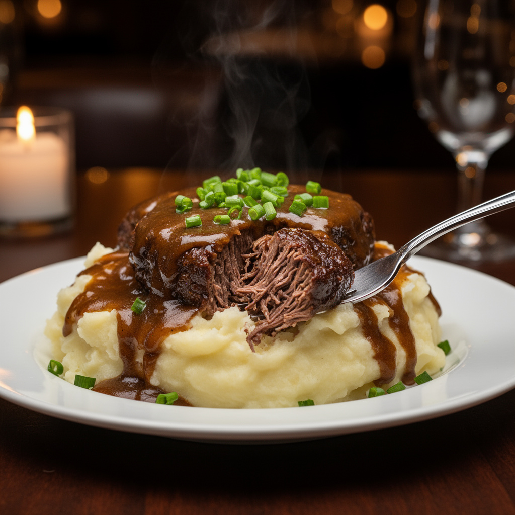 Tender beef tips and thick gravy served over creamy mashed potatoes as a hearty meal.