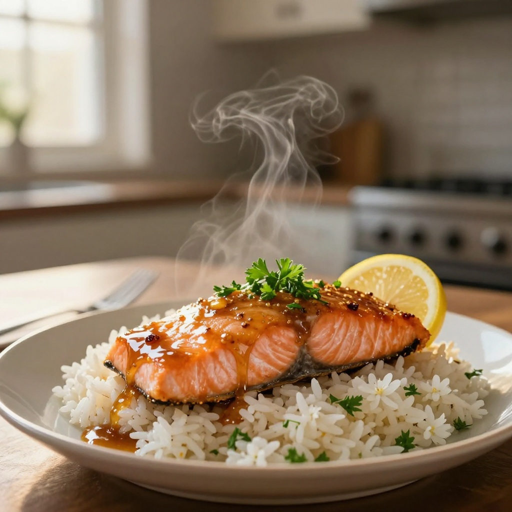Delicious honey salmon recipe plated with rice and lemon