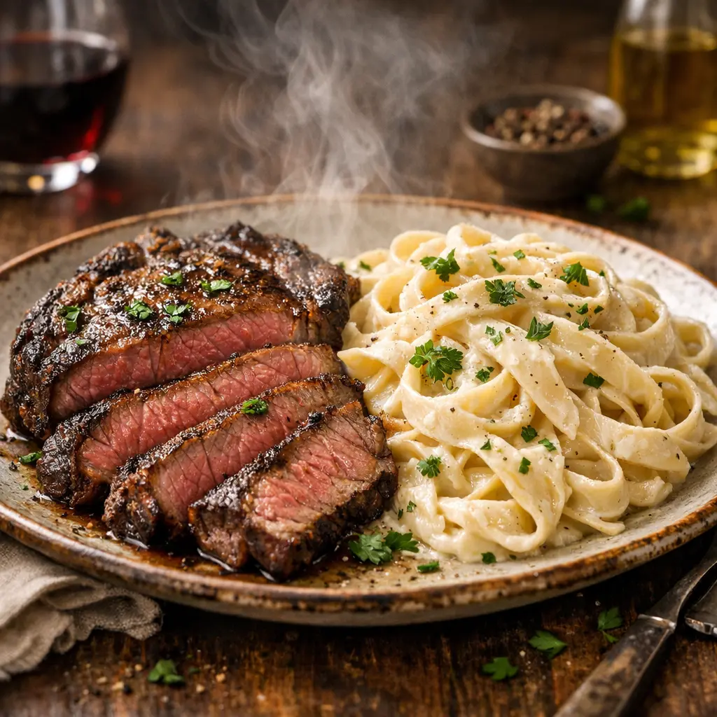 Delicious steak and pasta served as a hearty meal for dinner
