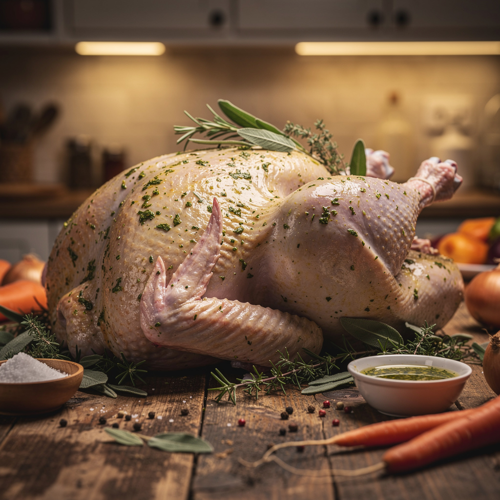 A raw Thanksgiving turkey prepared for turkey seasoning on a rustic wooden table.