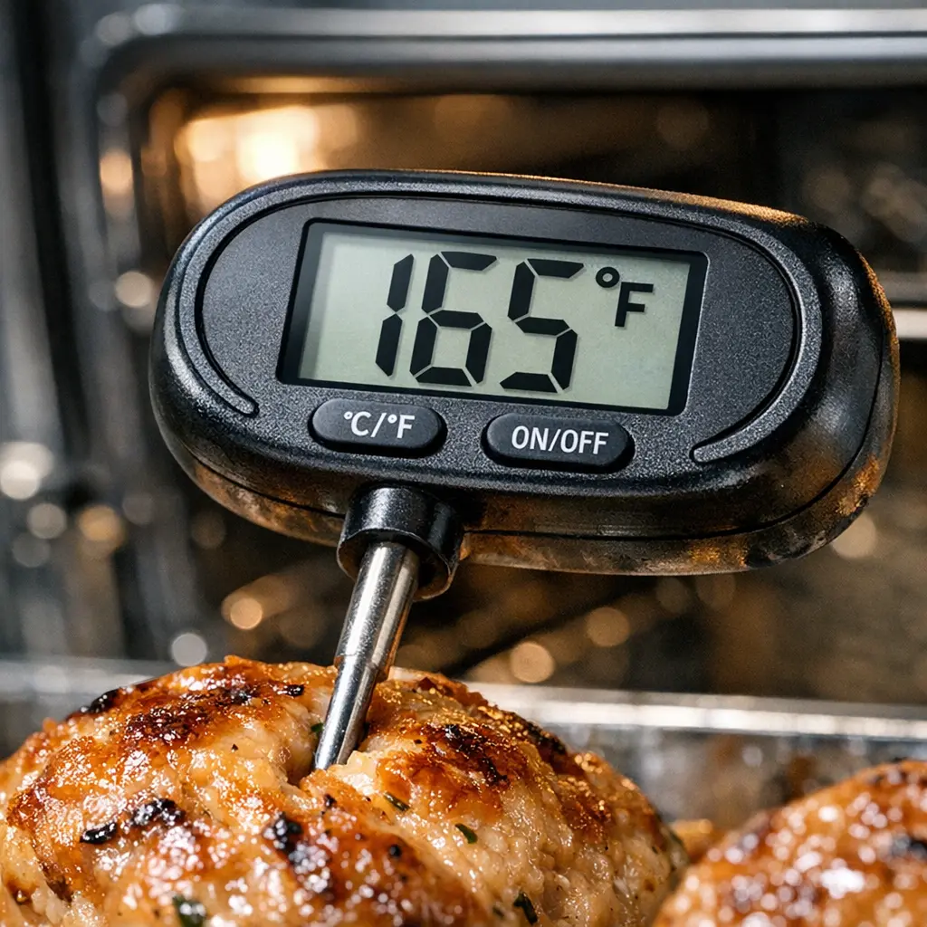 Using a meat thermometer to check doneness is the best way to confirm how long to bake chicken meatballs safely.