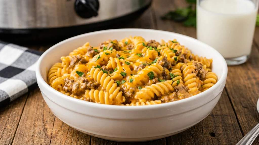 Cheesy hamburger beef crockpot noodle recipe with melted cheese