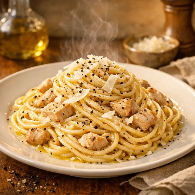 "Beautiful restaurant-quality chicken pasta carbonara with creamy sauce, tender grilled chicken, fresh black pepper, and pecorino romano cheese"