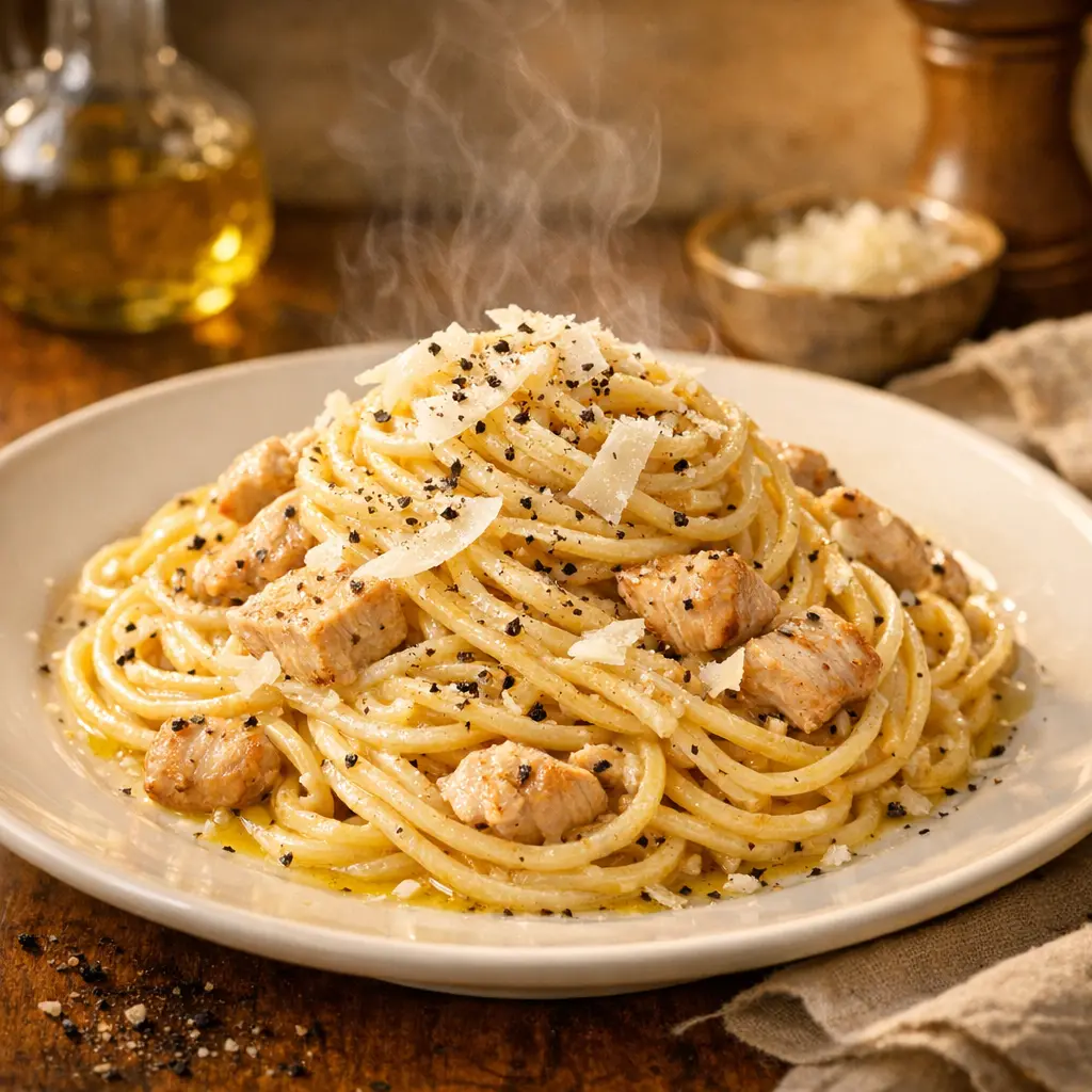 "Beautiful restaurant-quality chicken pasta carbonara with creamy sauce, tender grilled chicken, fresh black pepper, and pecorino romano cheese"