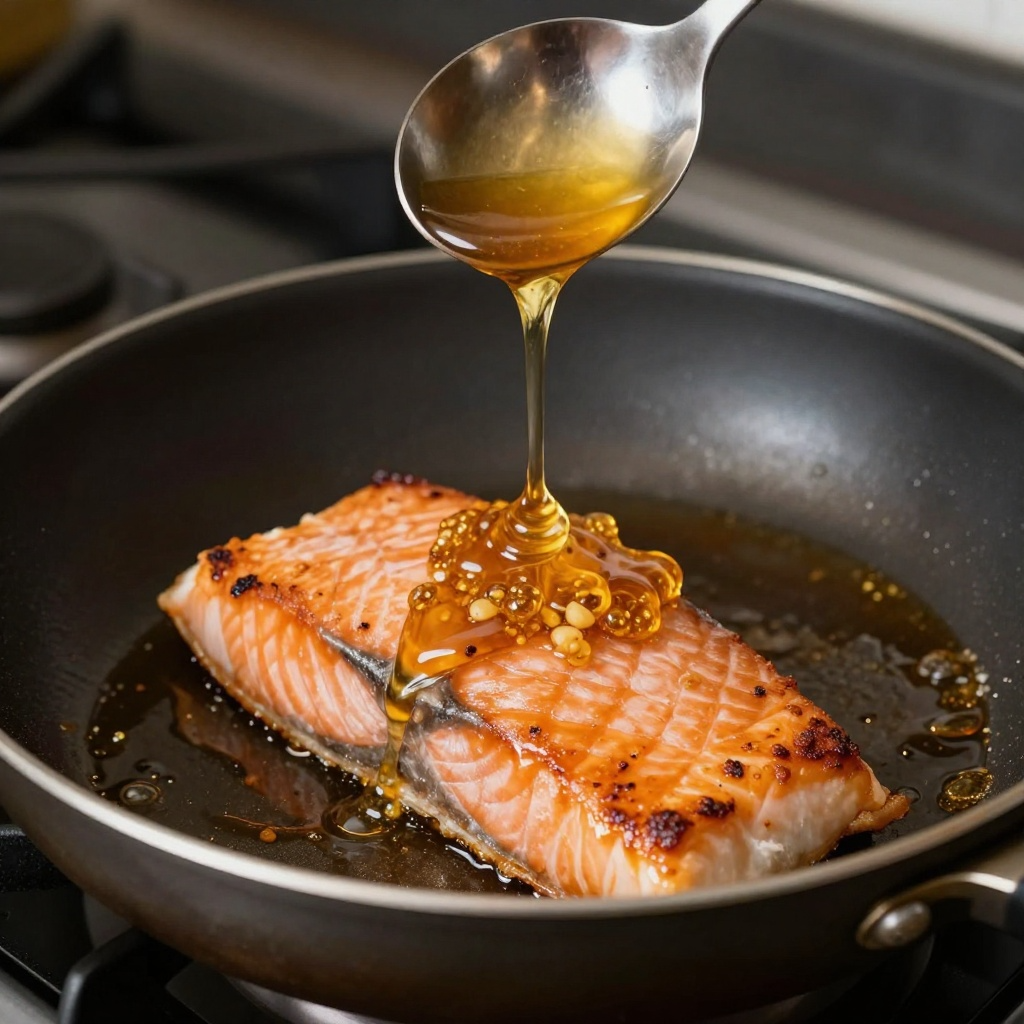 Glazing the fish for the perfect honey salmon recipe in a skillet