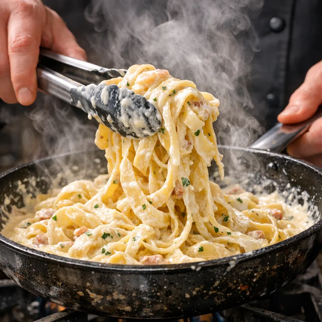 Creamy garlic sauce mixed with fettuccine for steak and pasta