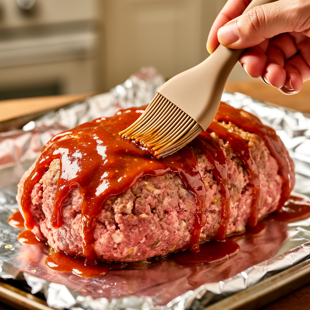 Applying sweet glaze to the meatloaf recipe with onion soup mix before baking