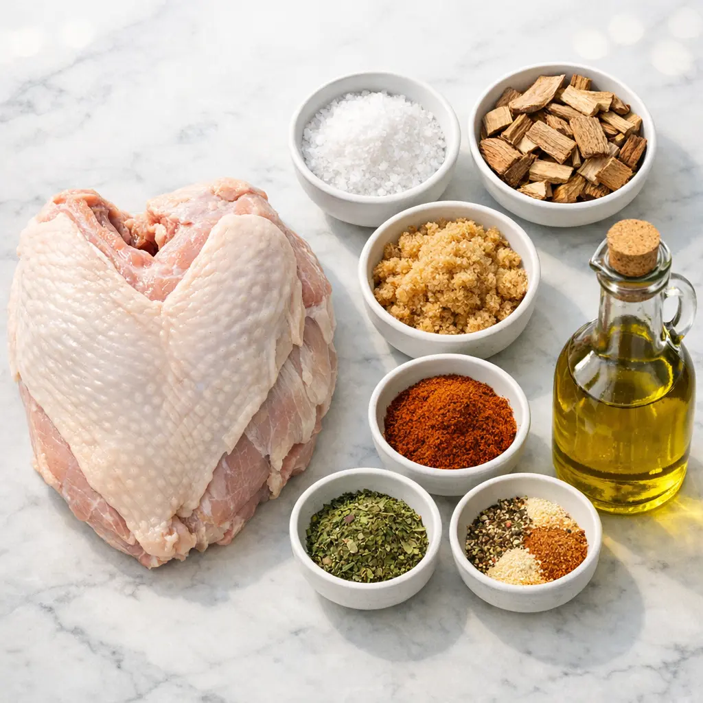 How to prepare smoked turkey breast ingredients flat lay brine salt sugar spices wood chips