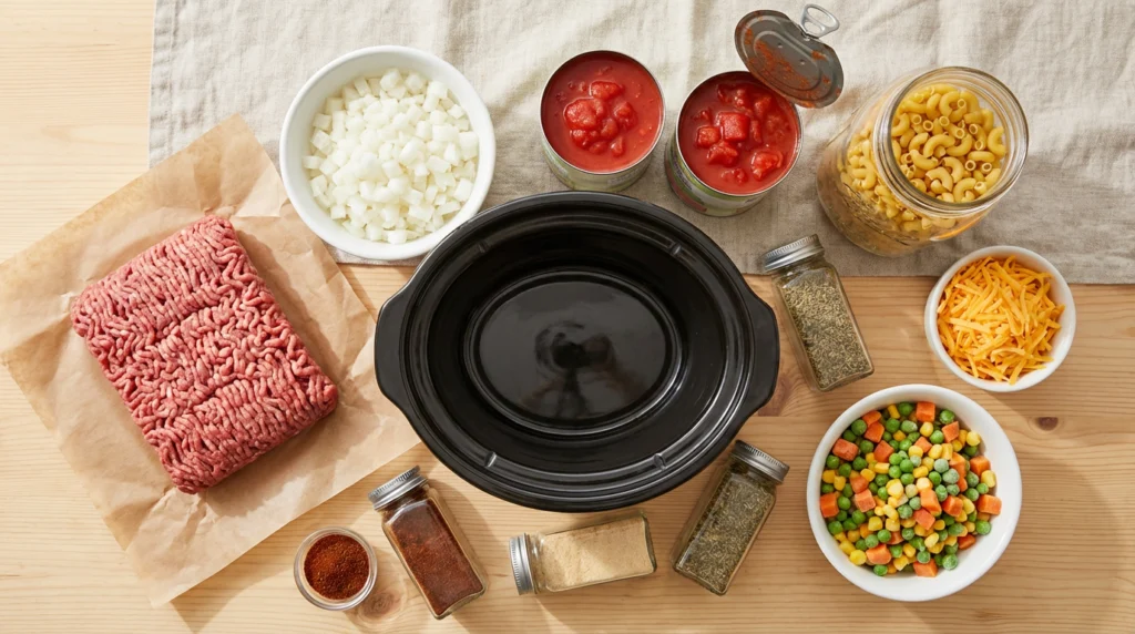 Essential ingredients for hamburger beef crockpot recipes laid out on kitchen counter