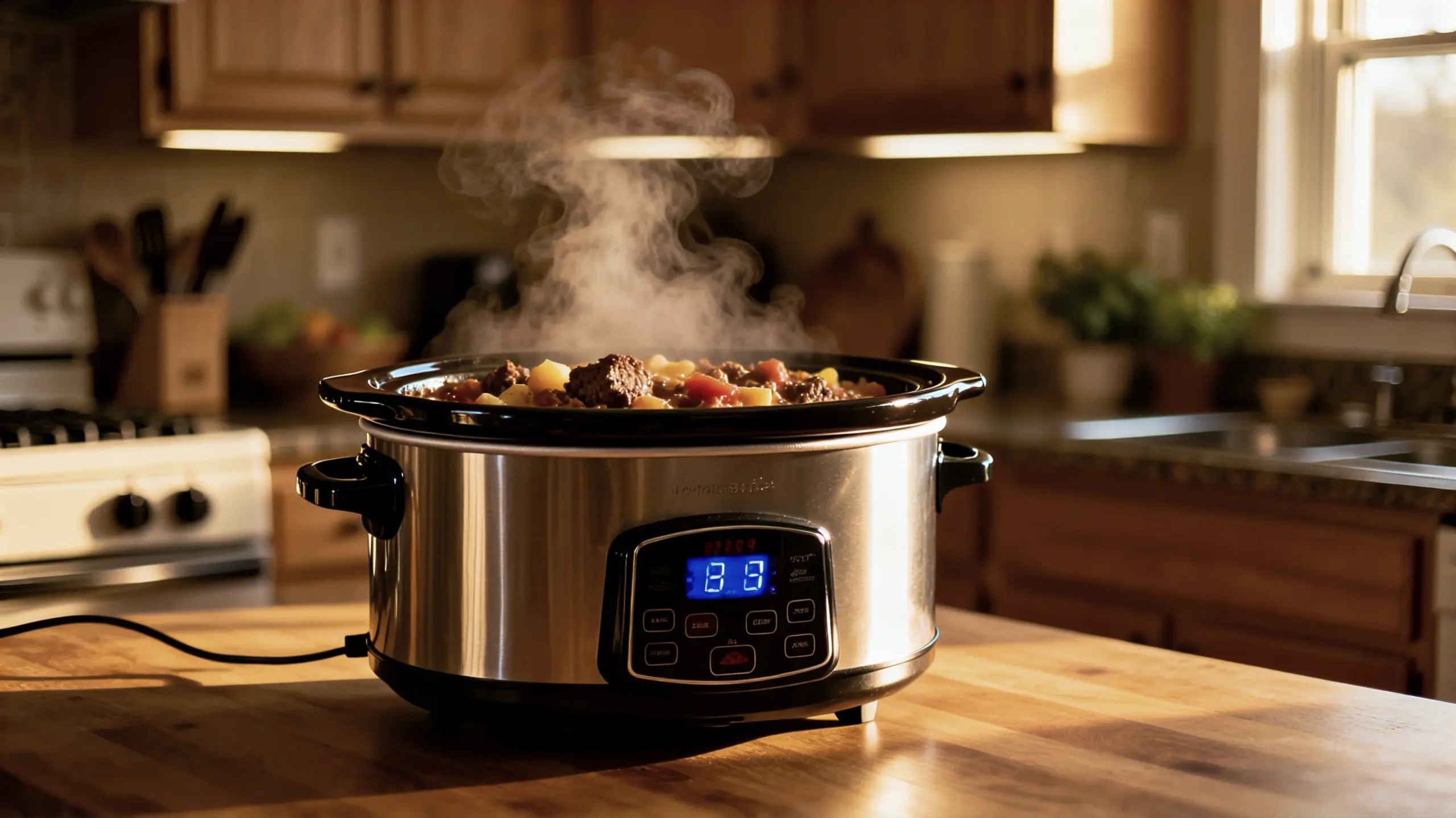 Hamburger beef crockpot meal simmering in a slow cooker in a cozy family kitchen