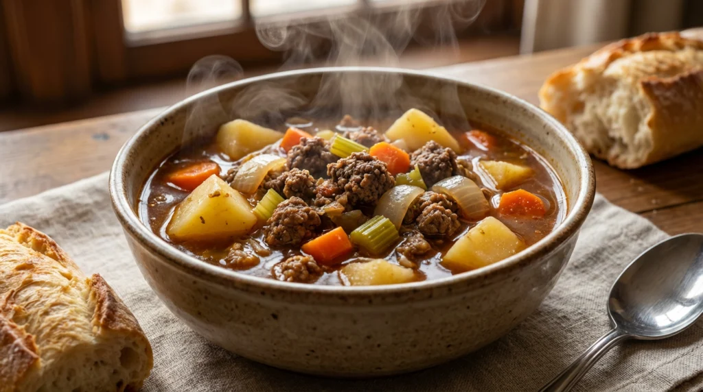 Hamburger beef crockpot vegetable soup with potatoes and carrots