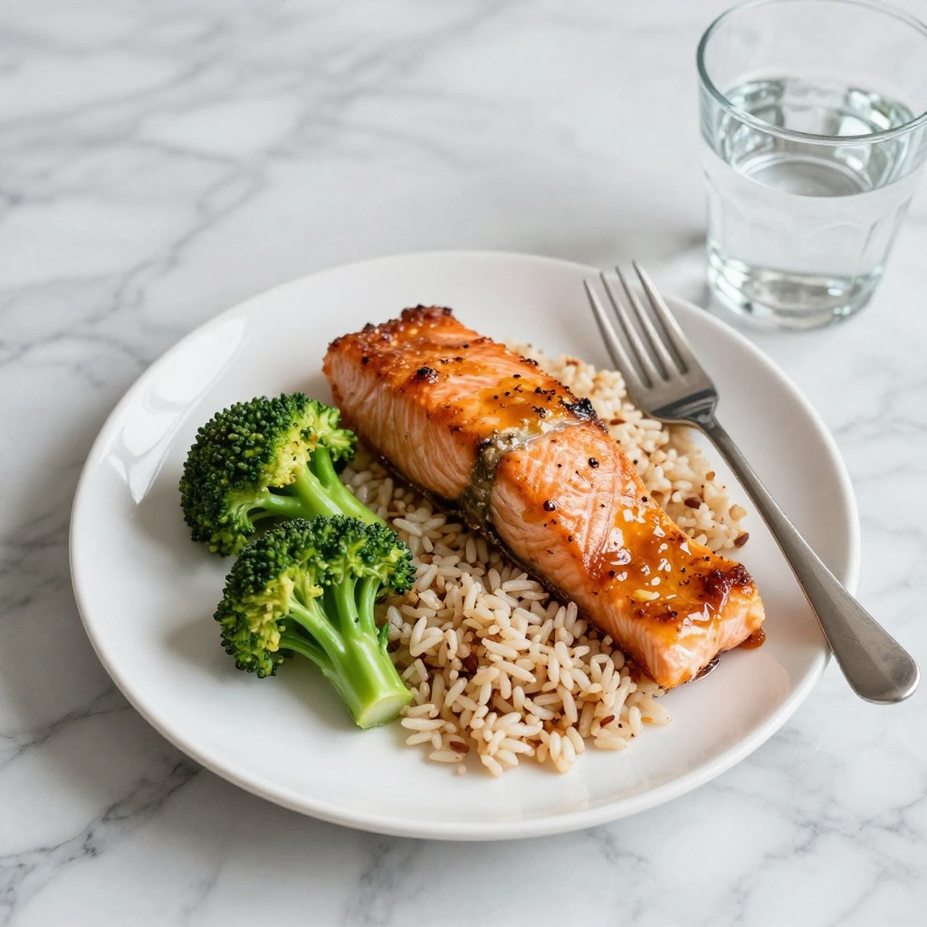 Healthy honey salmon recipe served with broccoli and brown rice