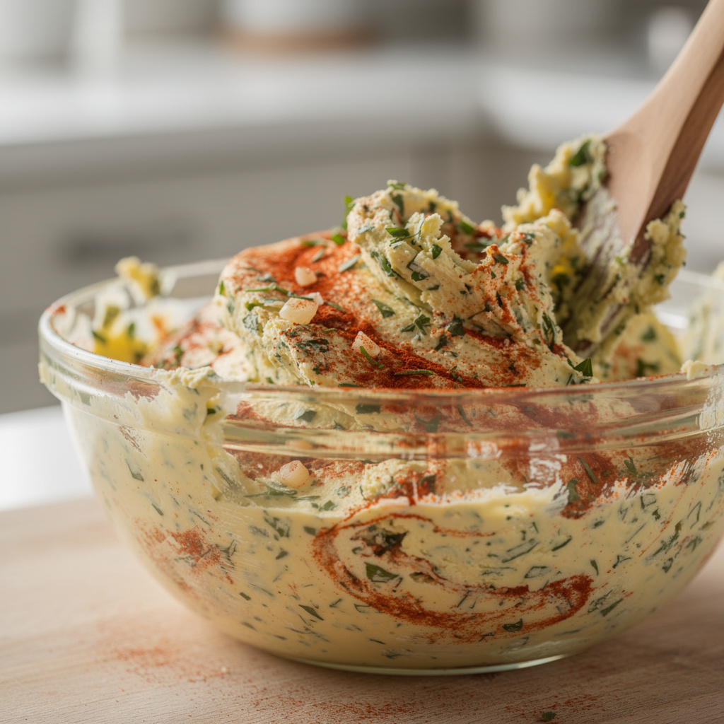 Softened herb butter for turkey mixed with fresh aromatics and smoked paprika.

