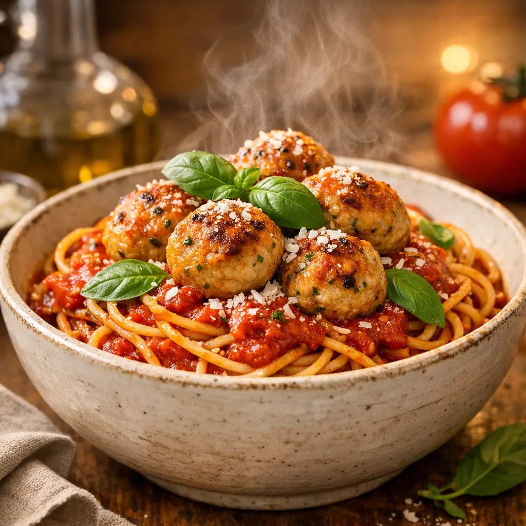  A delicious bowl of pasta showing the perfect result of knowing exactly how long to bake chicken meatballs for a golden crust.