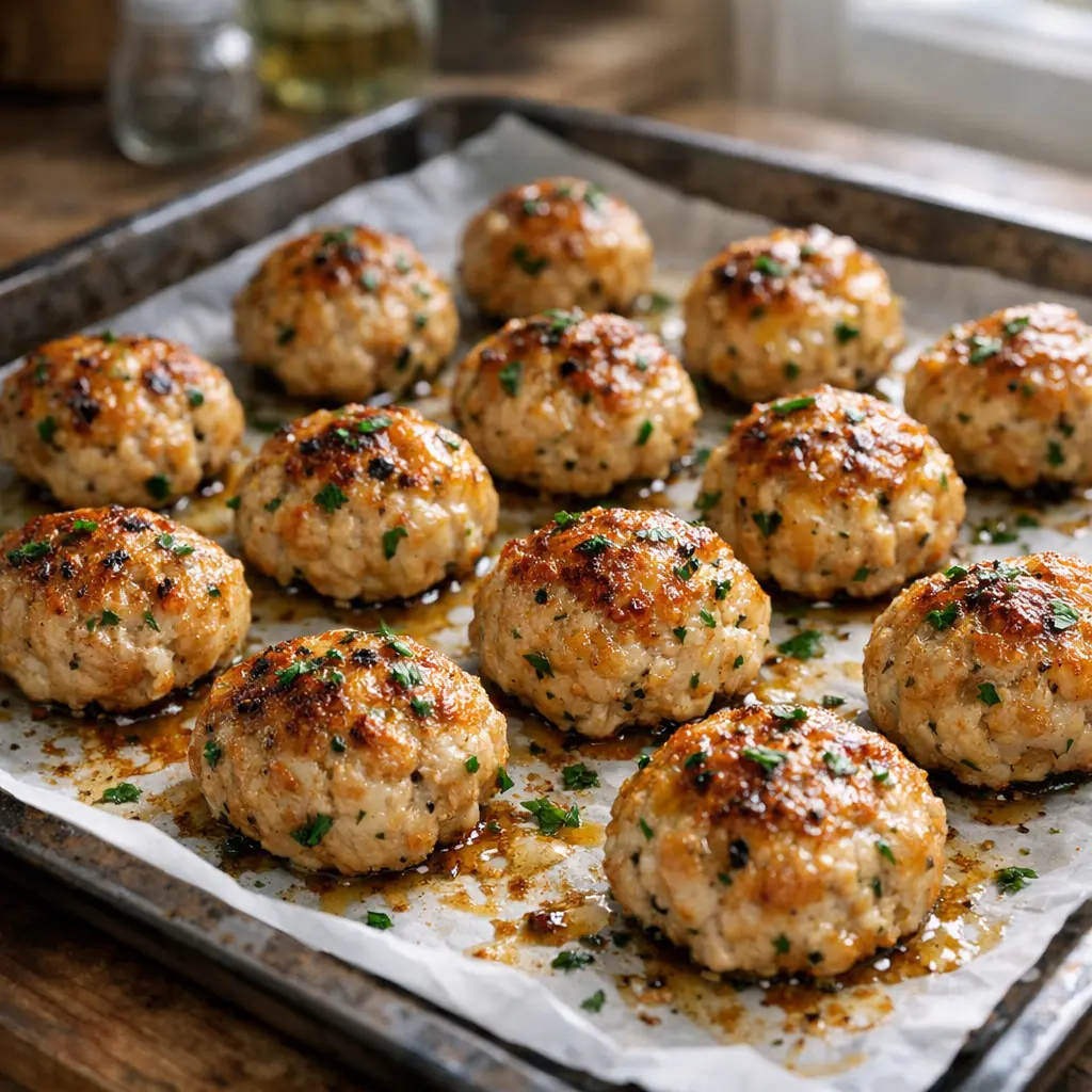 Golden brown tray showing how long to bake chicken meatballs perfectly.
