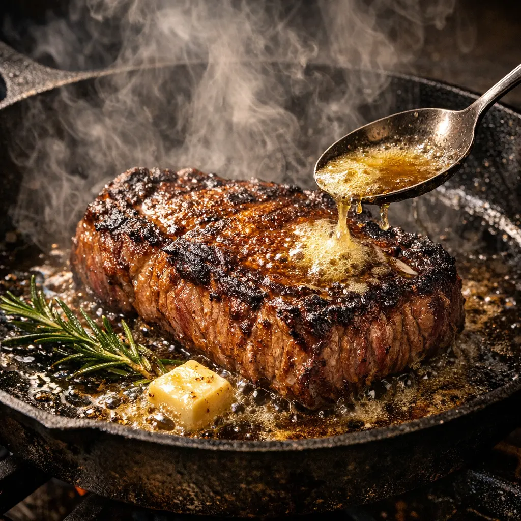 Searing meat in a pan for the perfect steak and pasta recipe
