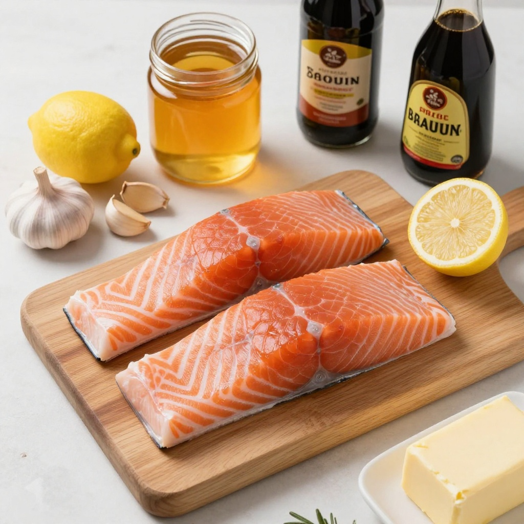 Fresh ingredients for making honey salmon recipe including fillets and honey