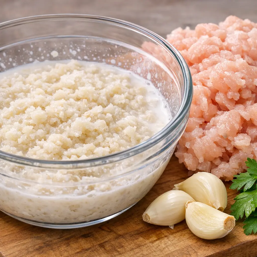 Ingredients for a milk and breadcrumb panade to keep moisture in, which affects how long to bake chicken meatballs.