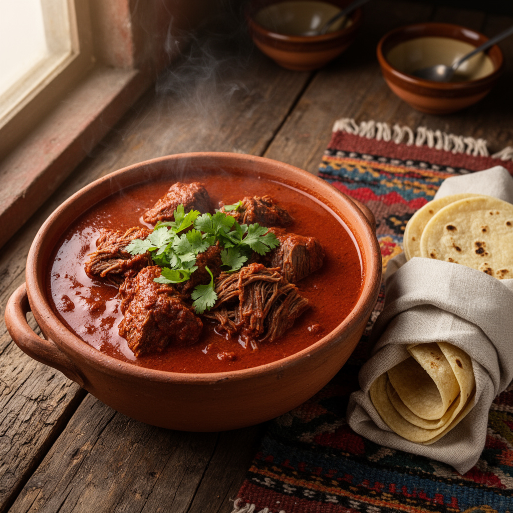 A deep red Mexican Chili Colorado made with chunky, tender beef stew meat.