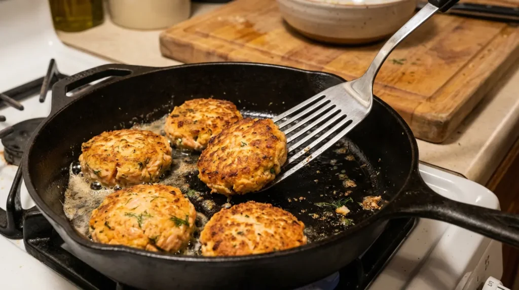 Salmon patties pan-frying in a skillet until golden and crispy