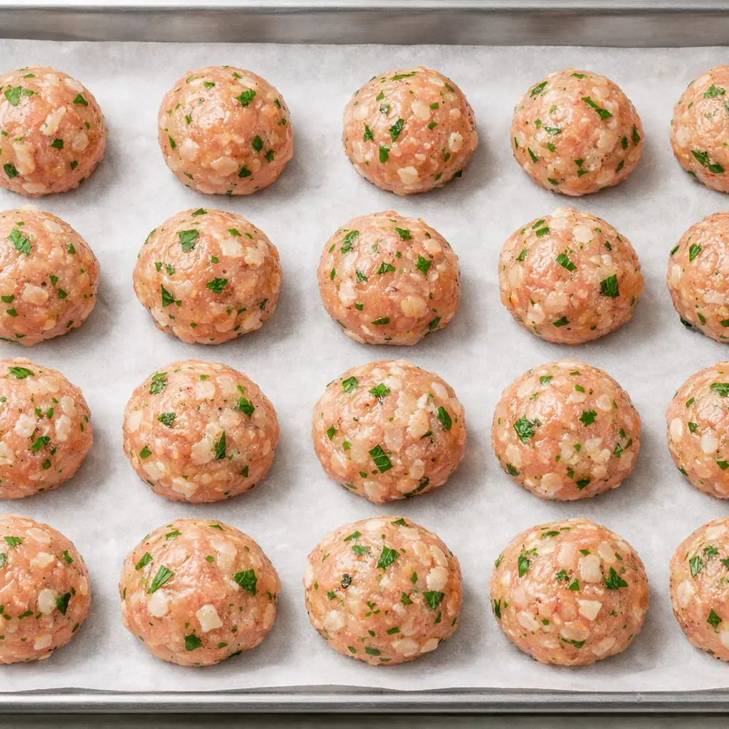  Raw poultry arranged on a parchment-lined tray, ready for the oven to test how long to bake chicken meatballs.