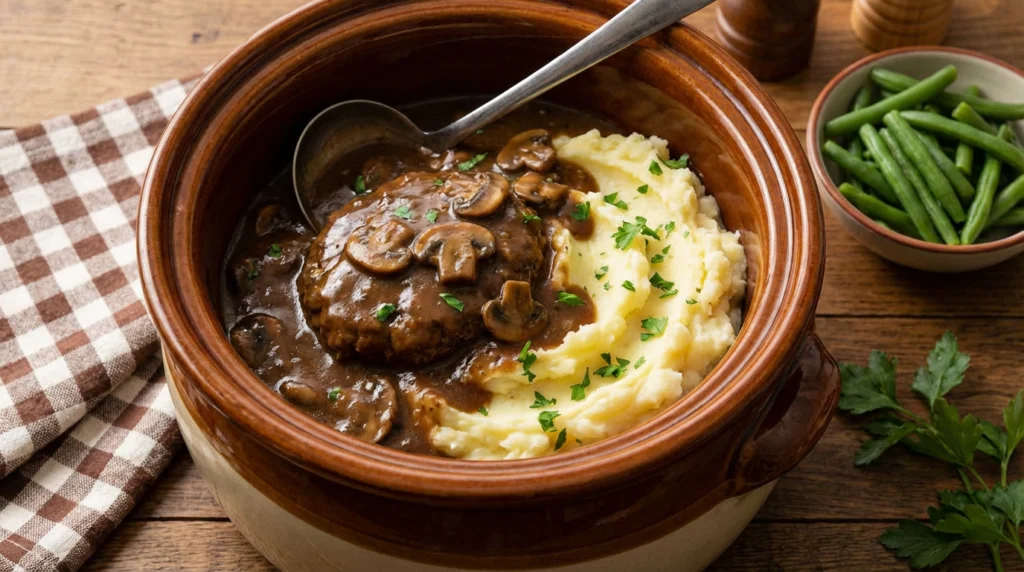 Salisbury hamburger beef crockpot recipe with gravy and mushrooms