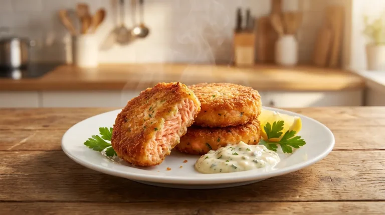 Crispy homemade salmon patties served with lemon wedges on a plate