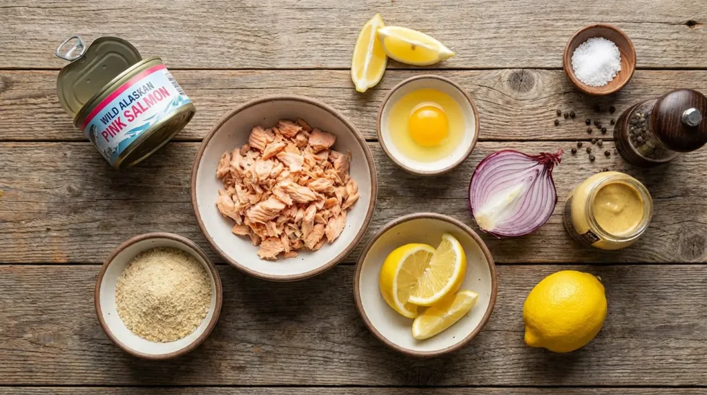 Essential ingredients for making classic salmon patties laid out on a table