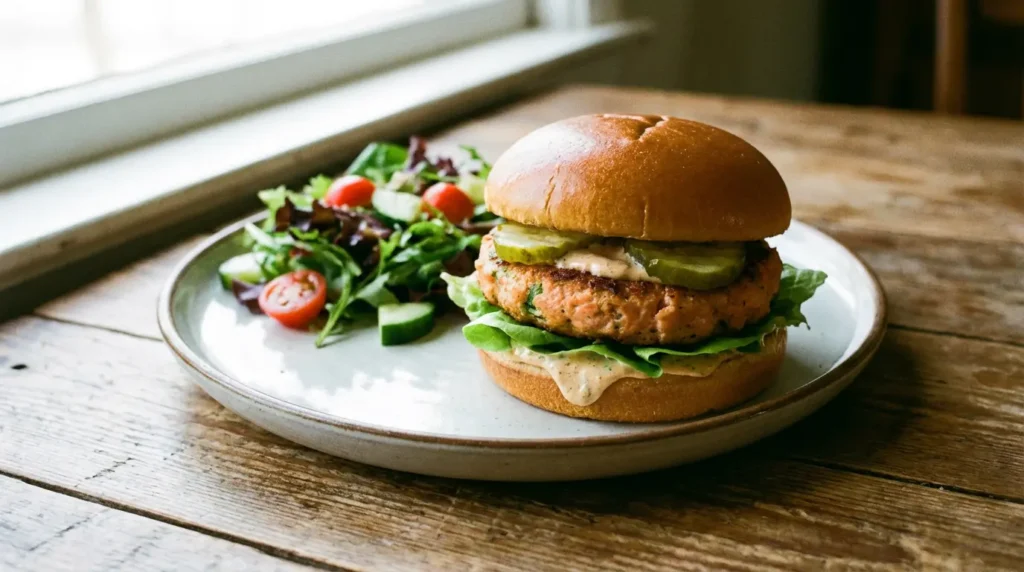 Salmon patties served as a burger with lettuce, sauce, and pickles