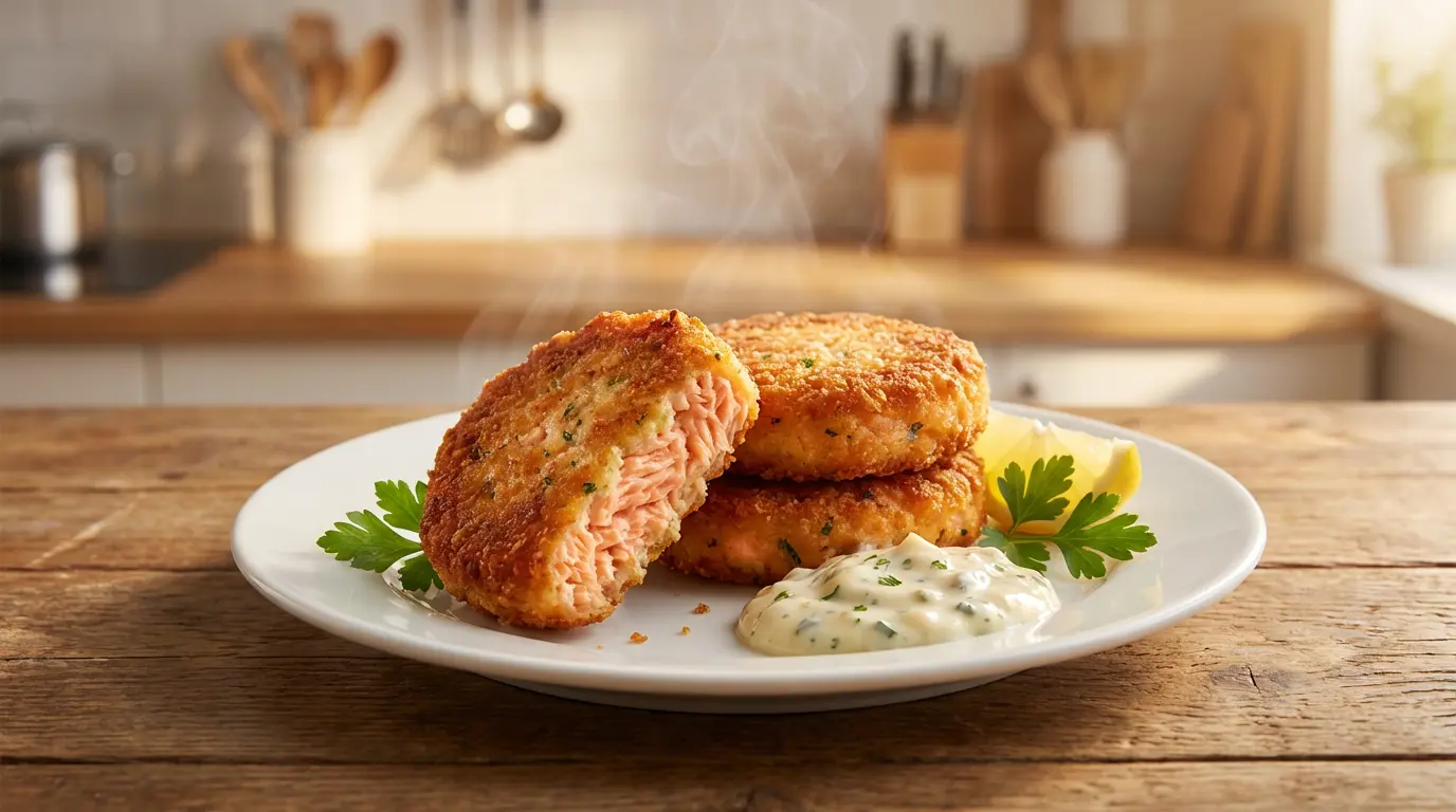Crispy homemade salmon patties served with lemon wedges on a plate