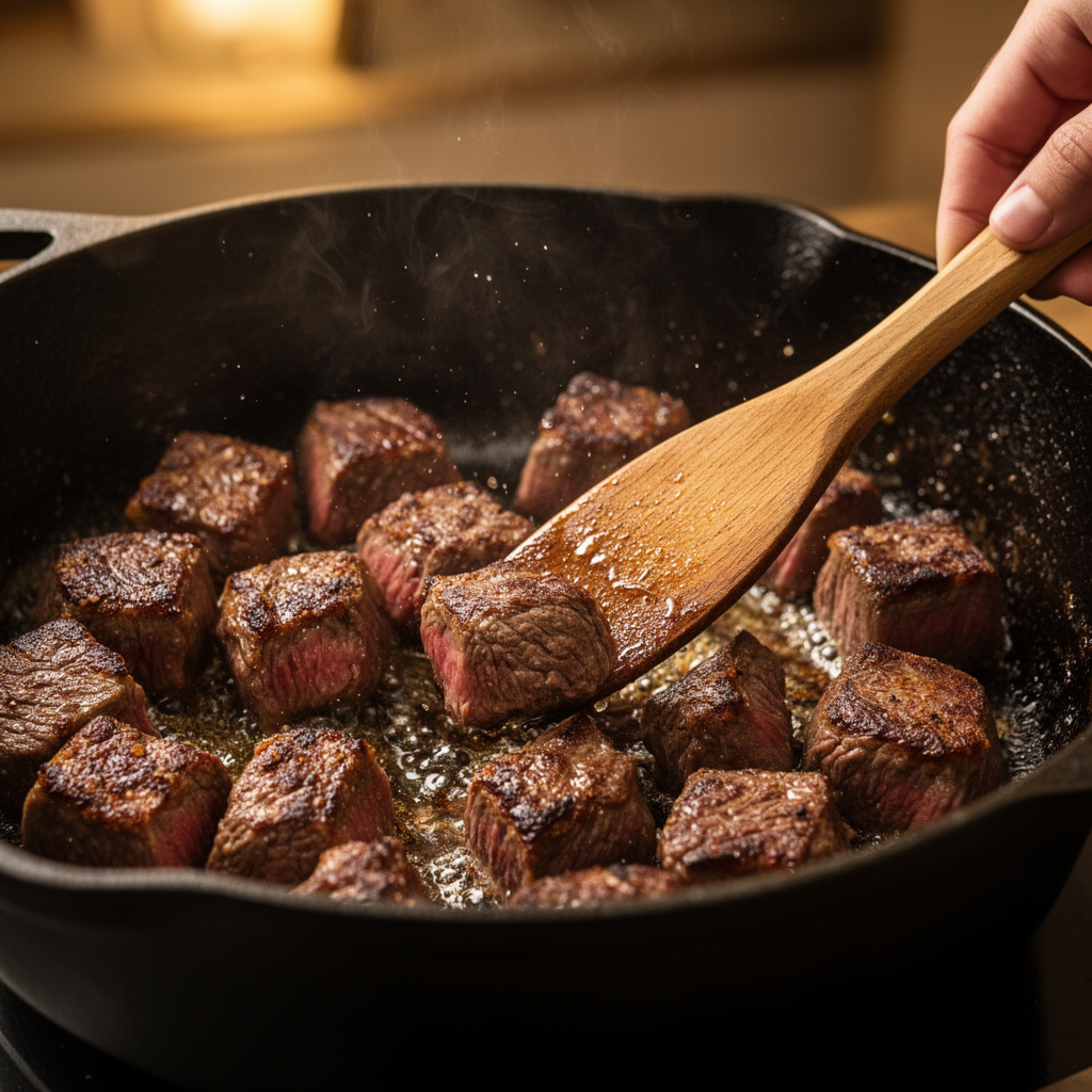  Searing beef stew meat in a cast-iron pot to achieve the Maillard reaction for extra flavor.
