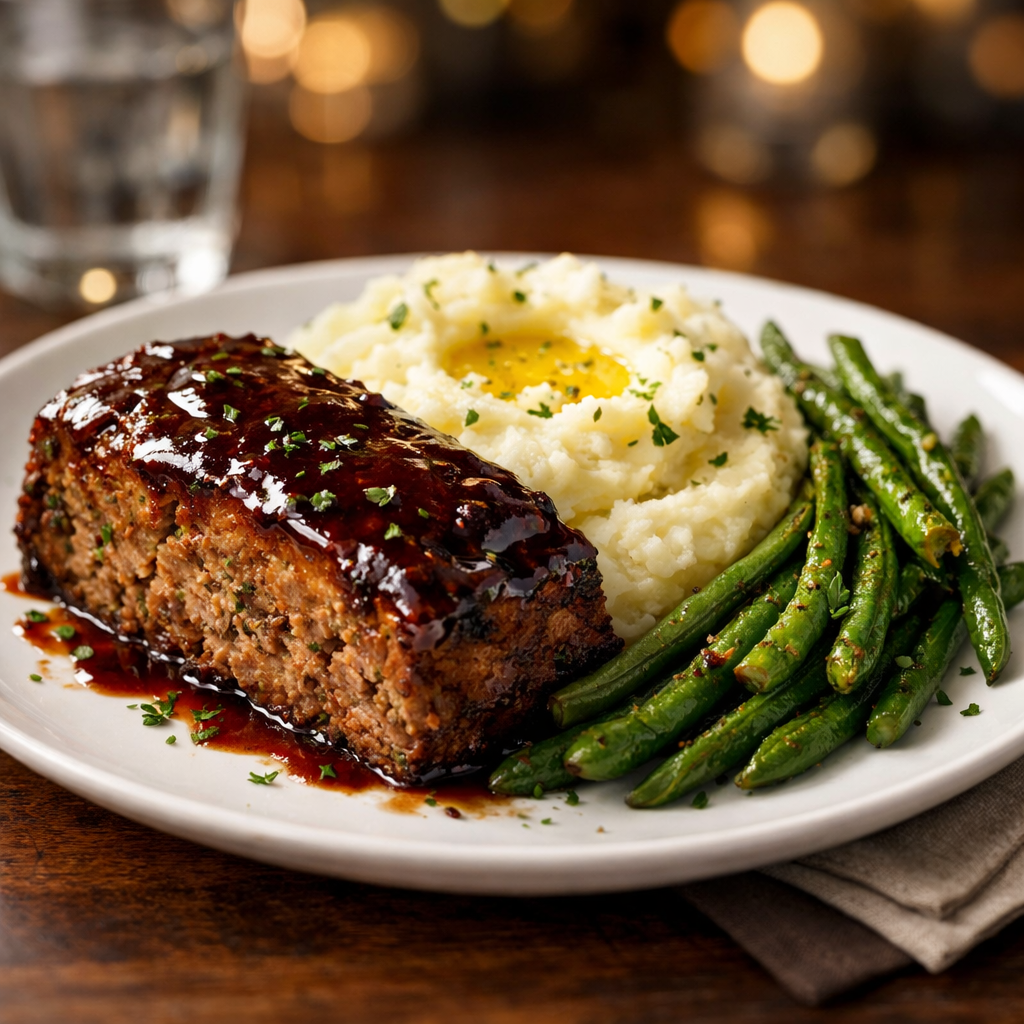 A generous slice of meatloaf recipe with onion soup mix served with mashed potatoes