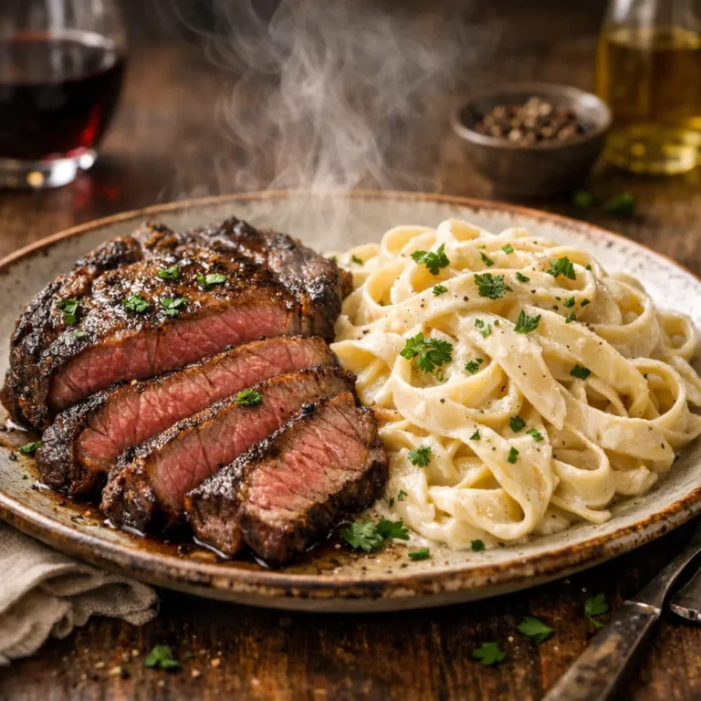 Delicious steak and pasta dish served for a hearty meal