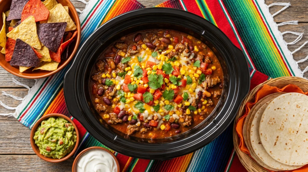 Taco hamburger beef crockpot recipe with beans and salsa