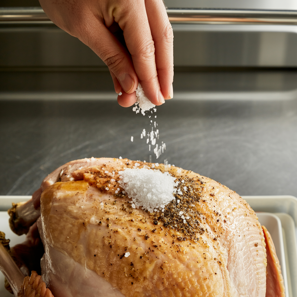  Applying a turkey dry brine using coarse kosher salt to enhance flavor and moisture.