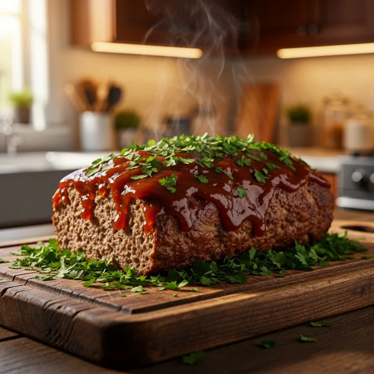 Delicious meatloaf recipe with onion soup mix glazed on a wooden board